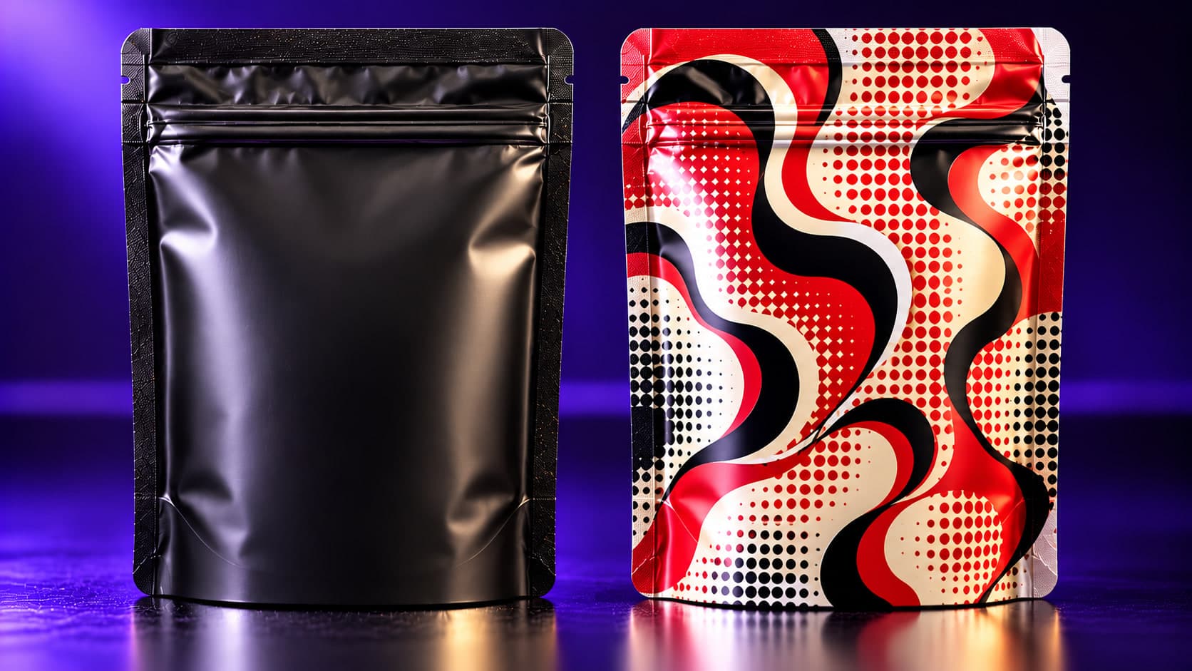 Sample design: a plain black stand-up pouch beside the same pouch printed in the red halftone Pop pattern