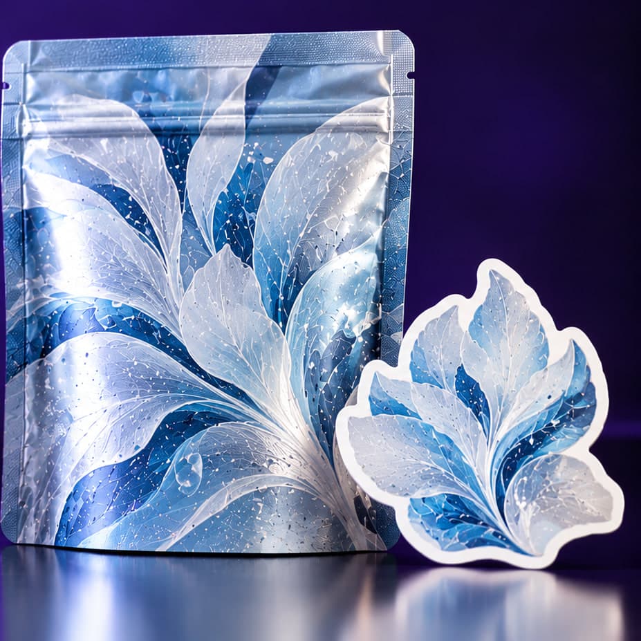 Sample design (Frost): stand-up pouch and leaf sticker in icy blue and white petal patterns