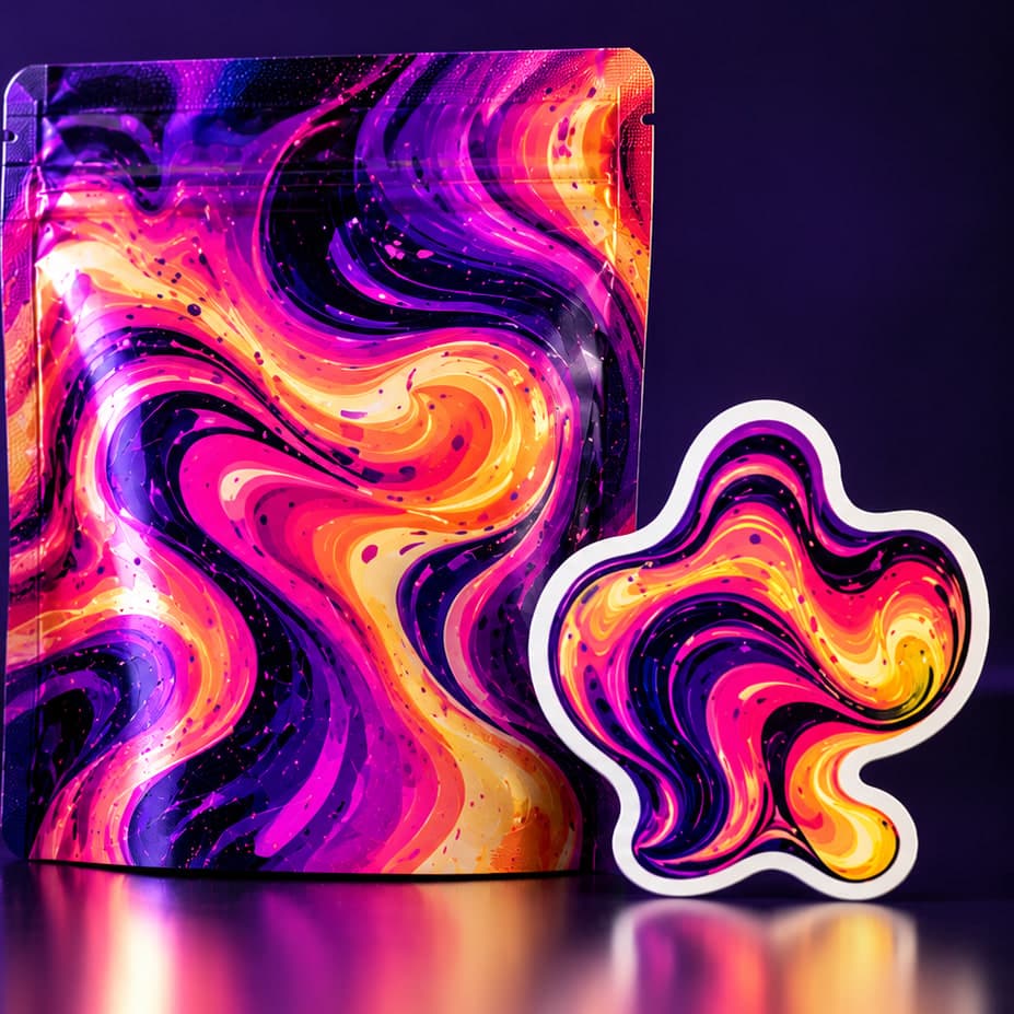 Sample design (Melt): stand-up pouch and sticker in a swirling magenta, orange, and violet marble pattern