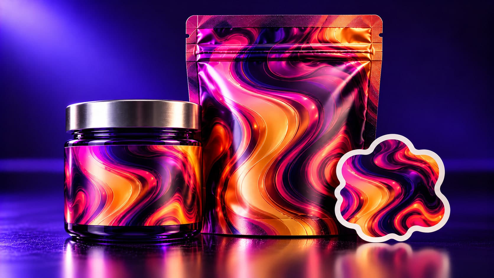 Sample design (Melt): a jar, stand-up pouch, and die-cut sticker in the swirling magenta, orange, and violet marble pattern