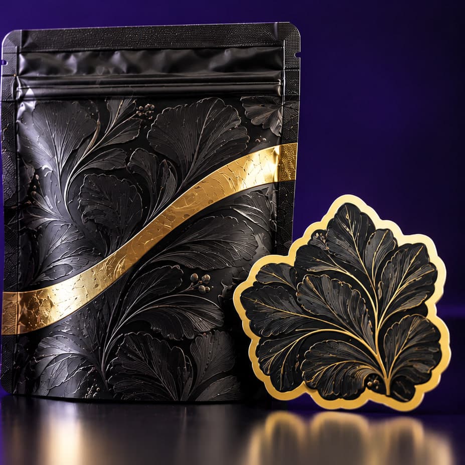 Sample design (Noir): black stand-up pouch and leaf sticker with embossed foliage and a gold foil band