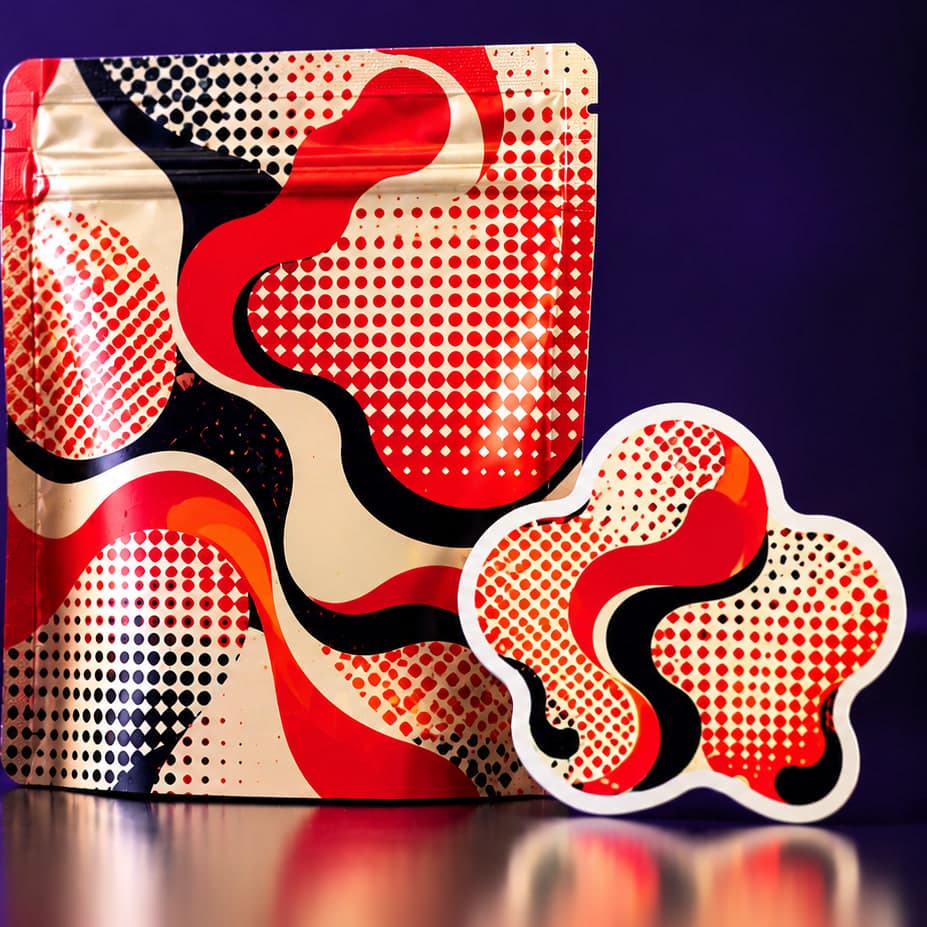 Sample design (Pop): stand-up pouch and sticker in a red, cream, and black halftone pop-art pattern
