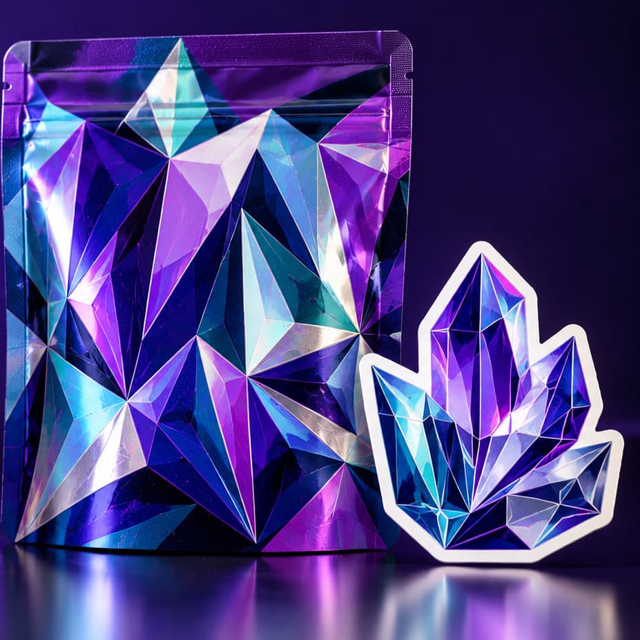Sample design (Prism): stand-up pouch and crystal-shaped sticker in a faceted purple, blue, and silver pattern