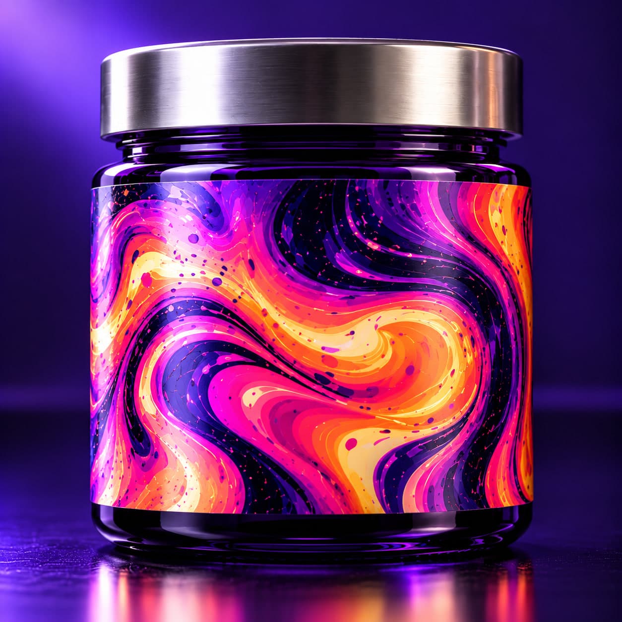 Sample design: a jar wrapped in the swirling Melt label, turning slowly on a reflective black surface