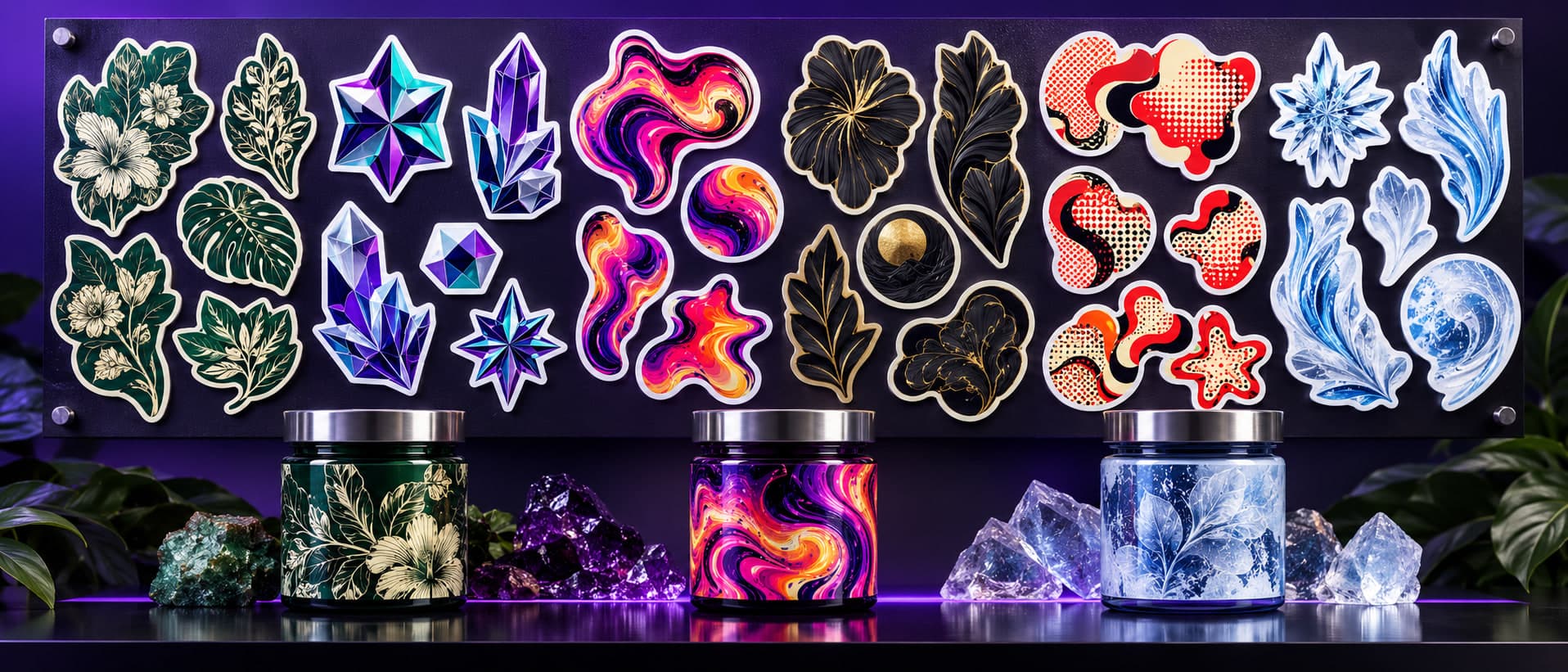 Sample designs: a black wall panel of die-cut stickers from six house designs above three labeled jars