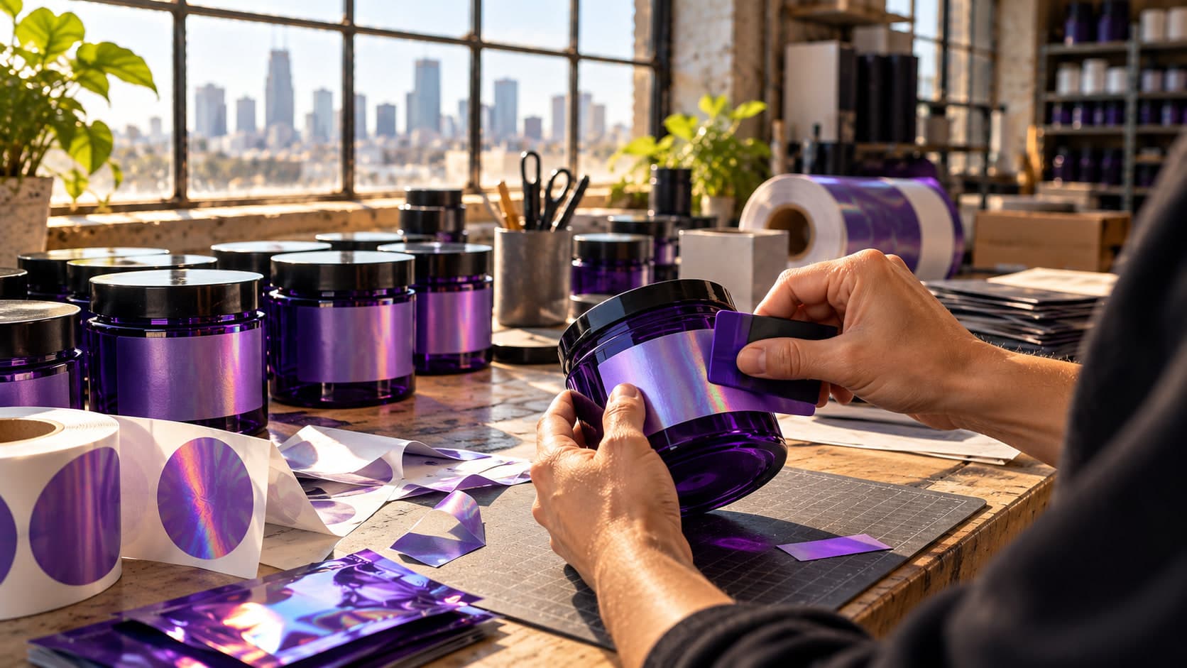 Hands smoothing a holographic label onto a purple jar with a squeegee at a workbench by the window