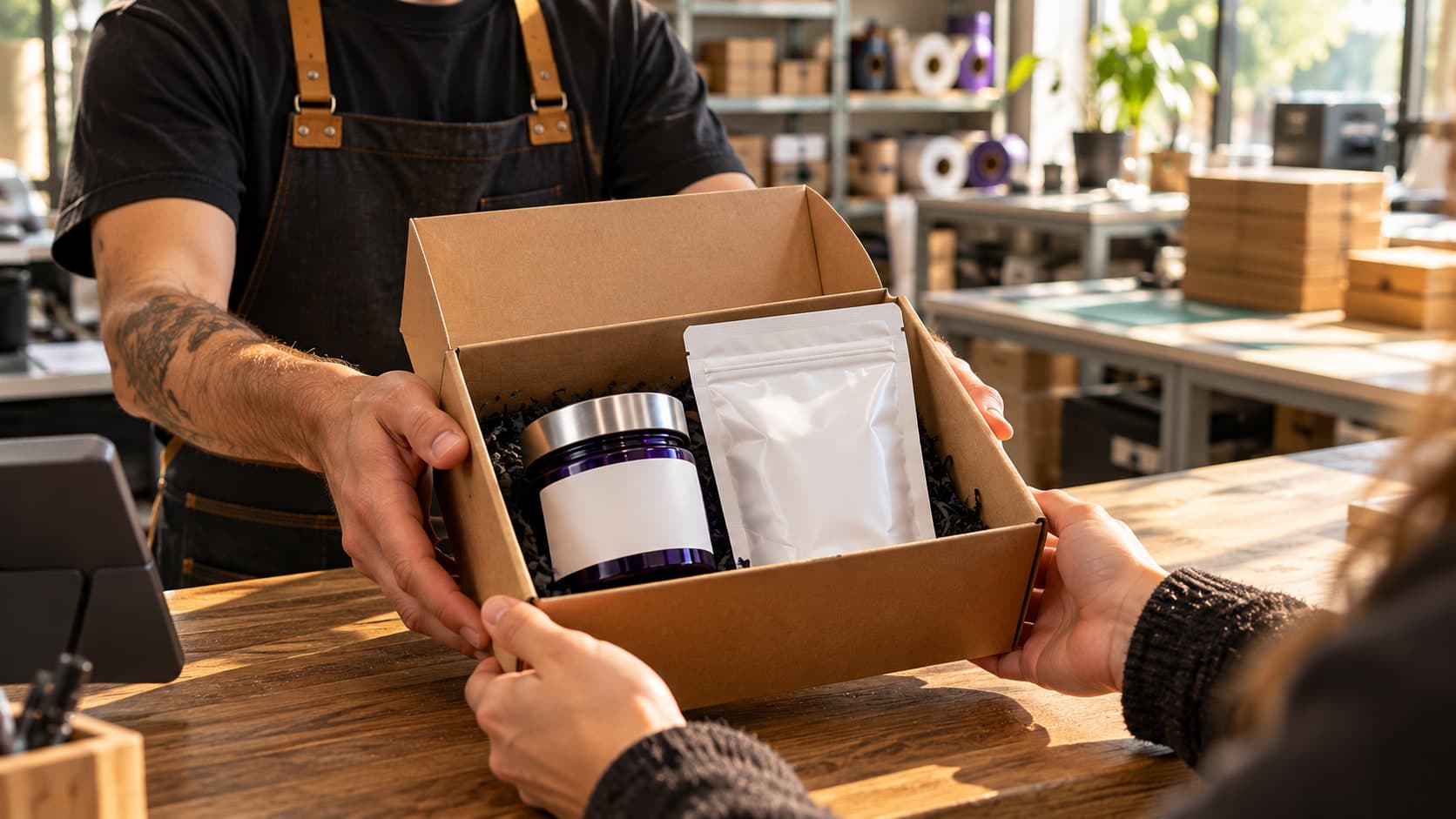 A kraft mailer box handed across the counter, a labeled purple jar and a white pouch nested in black crinkle fill