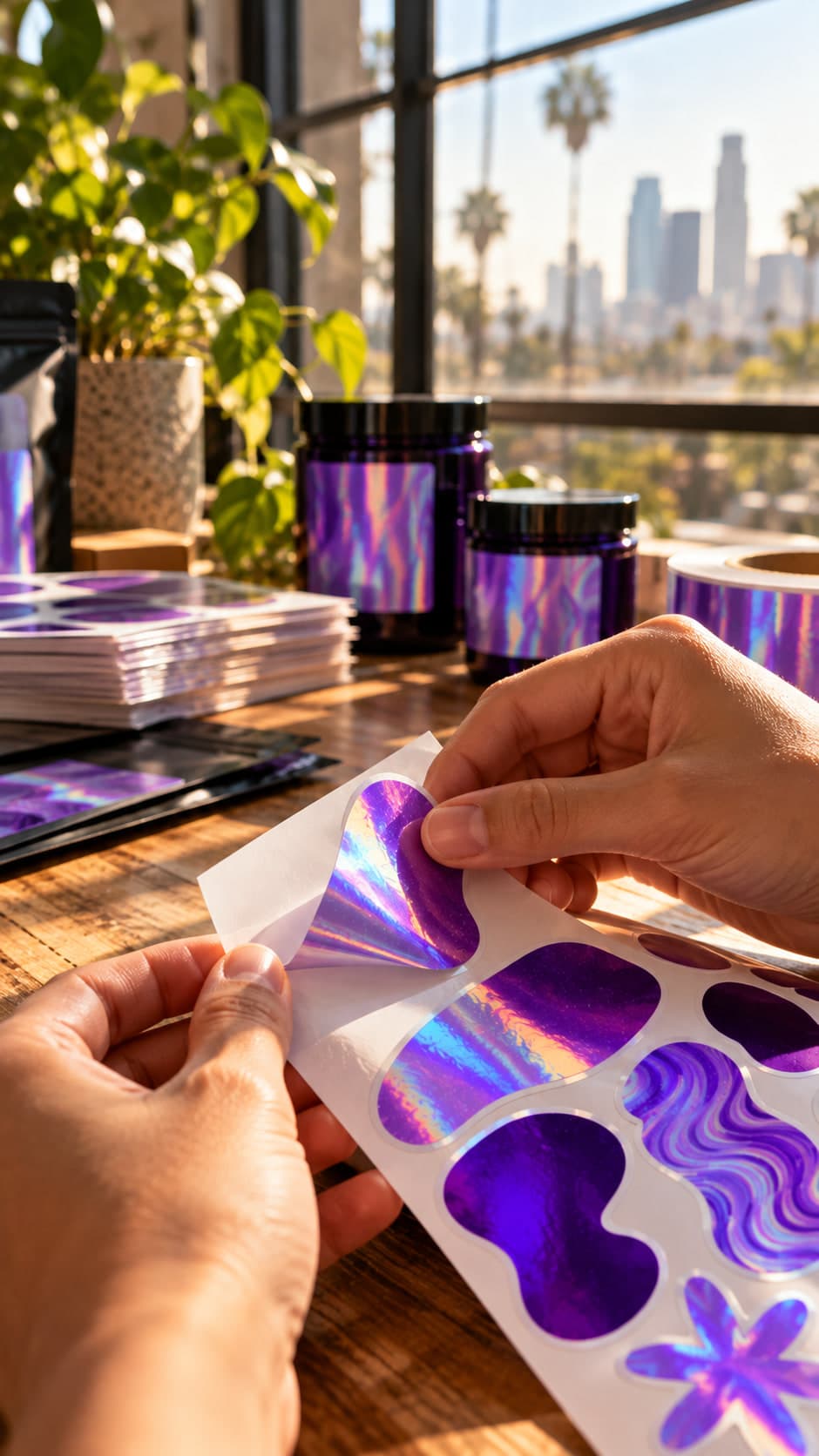 Hands peeling a holographic die-cut sticker from its sheet at a sunny window, labeled jars and the Los Angeles skyline behind