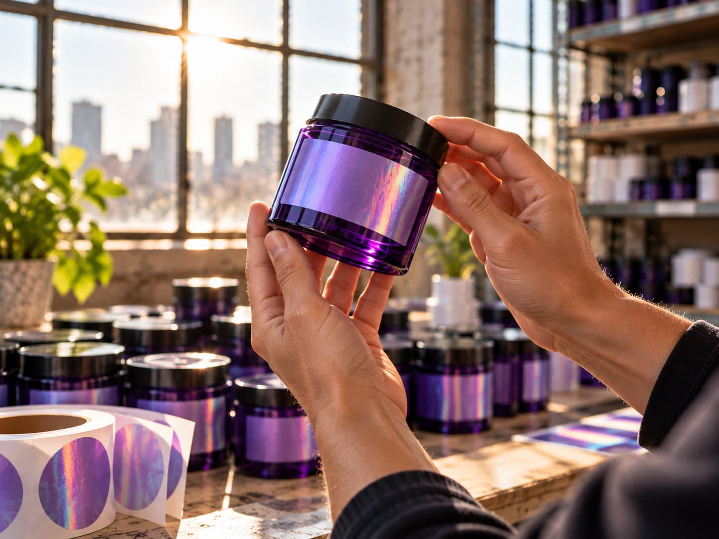 Two hands holding a labeled purple jar up to the window light to inspect it, with the city skyline behind