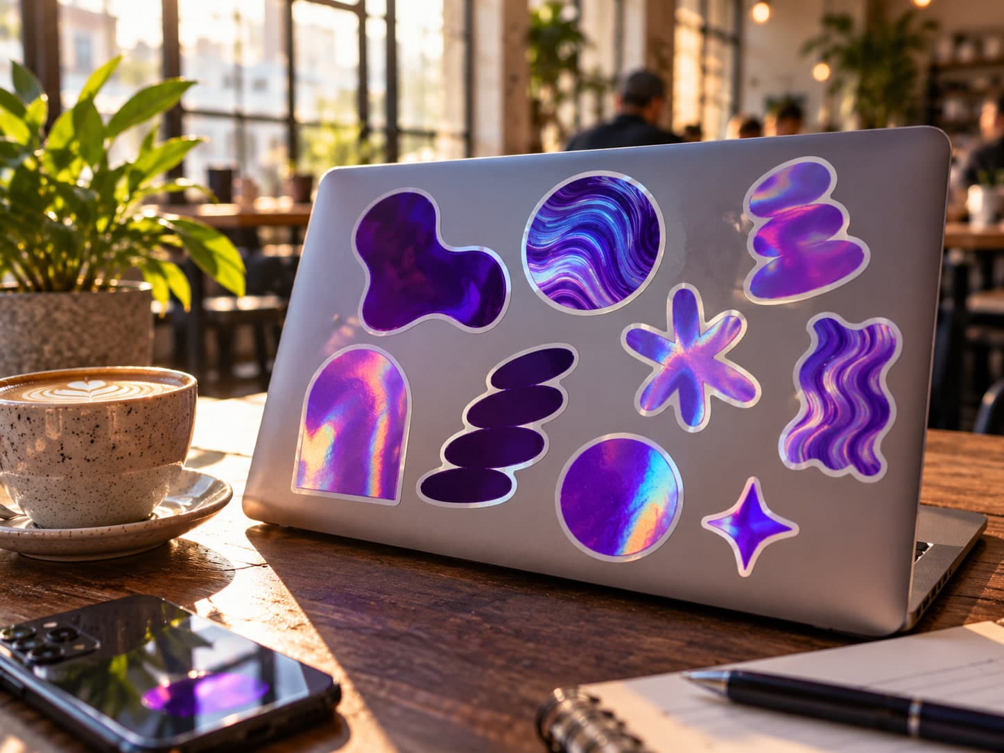 A laptop covered in holographic die-cut stickers on a café table