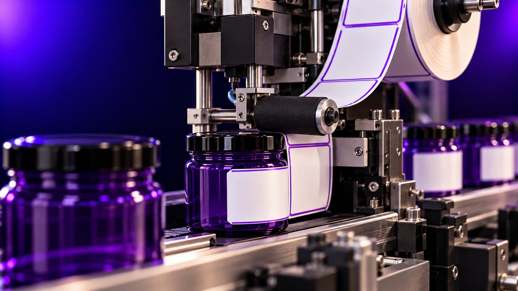 An automatic applicator pressing a violet-bordered label onto a purple jar on a conveyor as the roll unwinds above