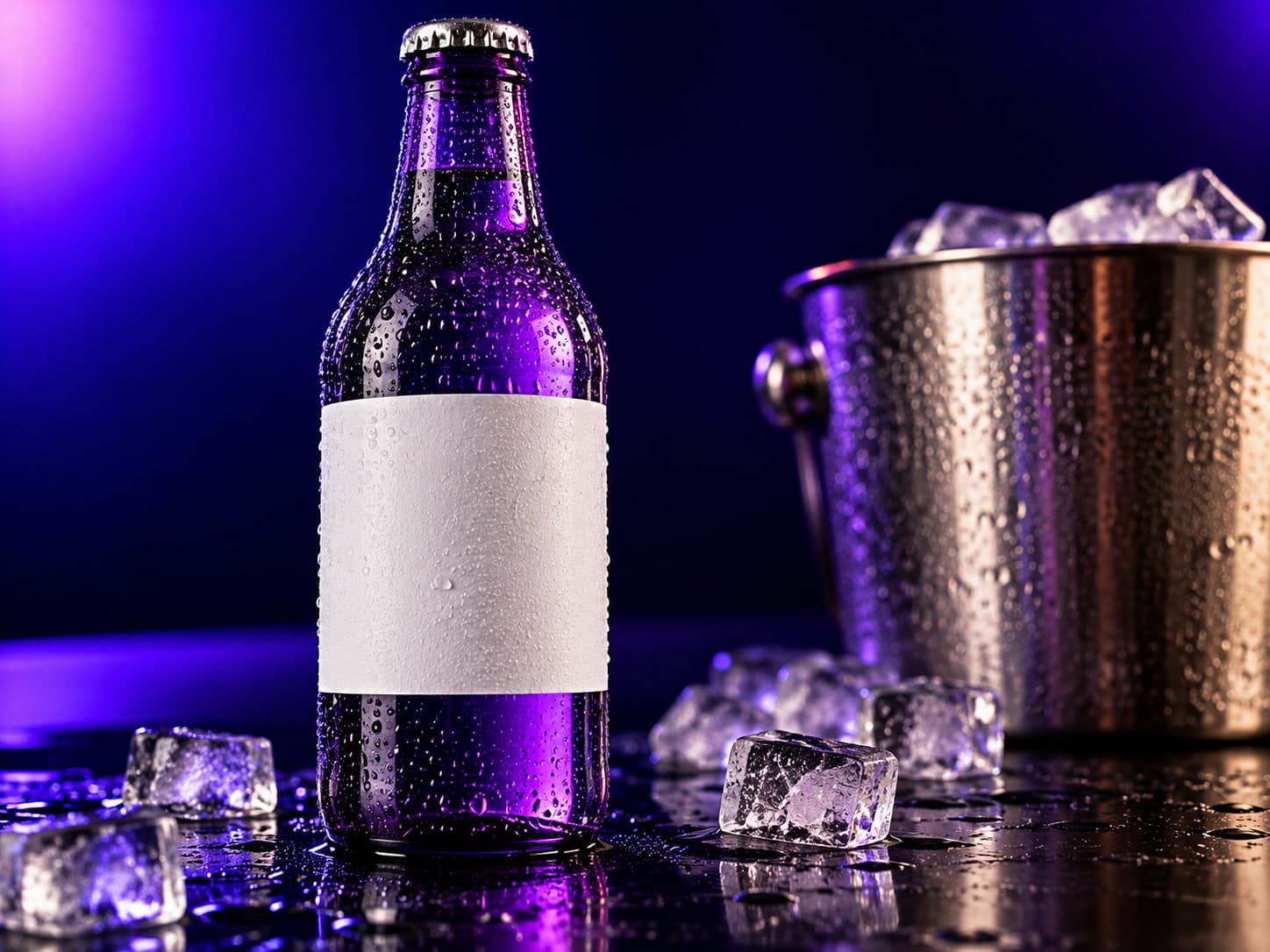 A condensation-beaded purple glass bottle with a blank white label beside a bucket of ice