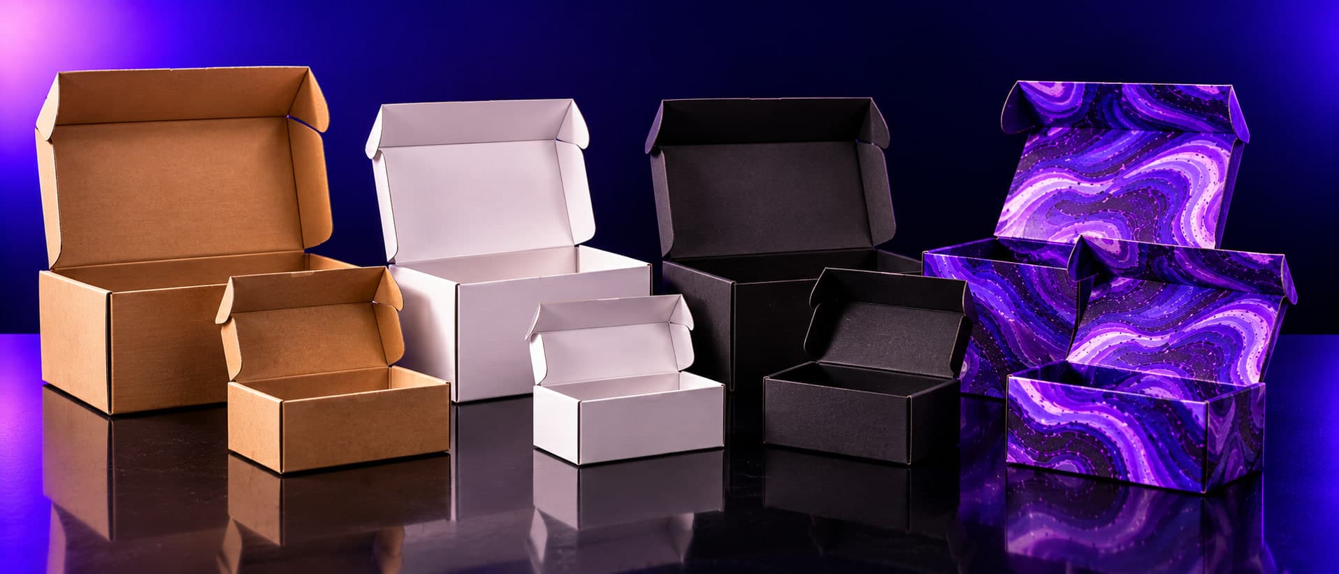 Eight open mailer boxes in kraft, white, black, and a violet marble print, in two sizes, on a reflective studio surface