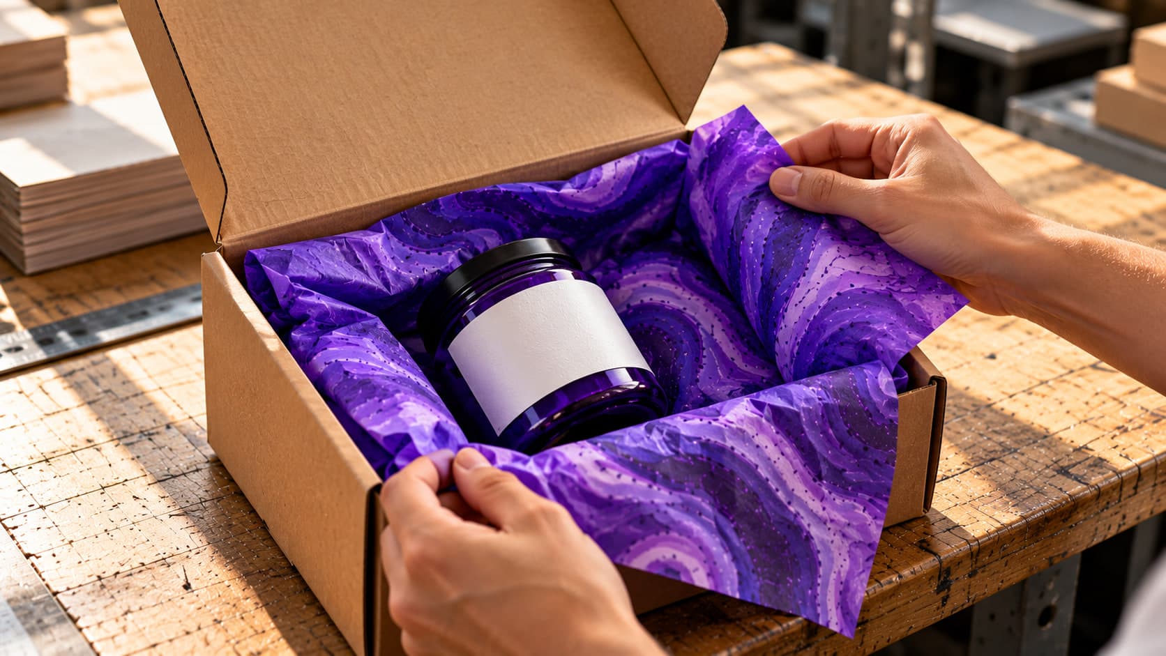 Hands folding violet patterned tissue over a labeled purple jar inside a kraft mailer box at the workbench