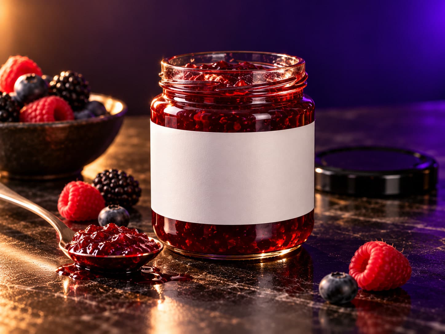 An open jar of berry jam with a blank white label, a spoonful of jam and fresh berries beside it on a dark marble counter