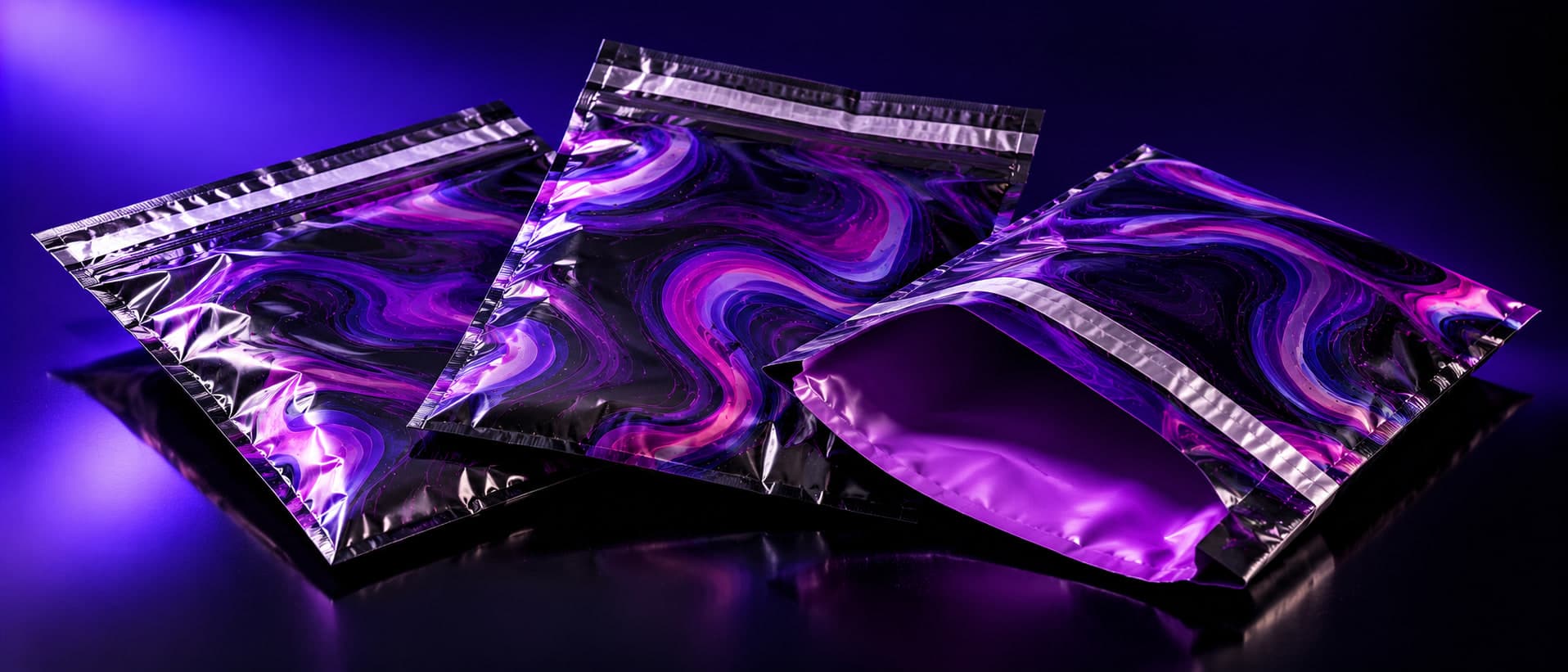 Three printed poly mailers in a violet marble pattern fanned on a reflective surface, one open to show a solid violet interior