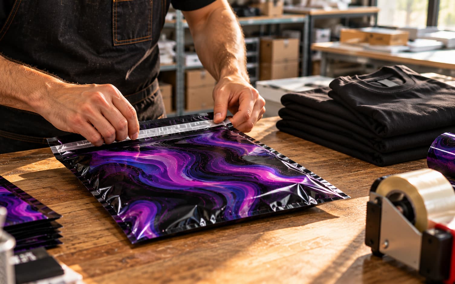 Hands sealing a printed poly mailer at the workbench, a stack of folded black tees beside it