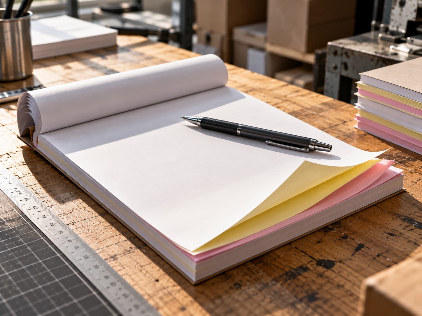 A carbonless invoice book open on the workbench, white, canary, and pink sheets fanned at the corner, a pen on top