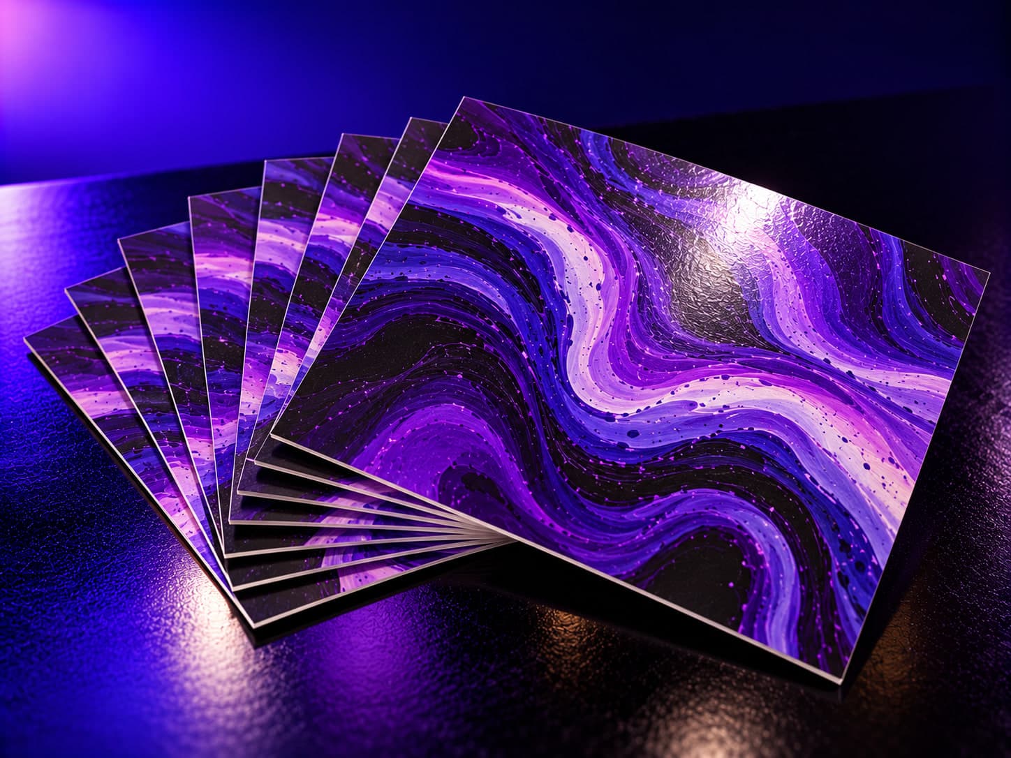 A fanned stack of thick postcards in the violet marble pattern, one catching the light with a gloss UV flood