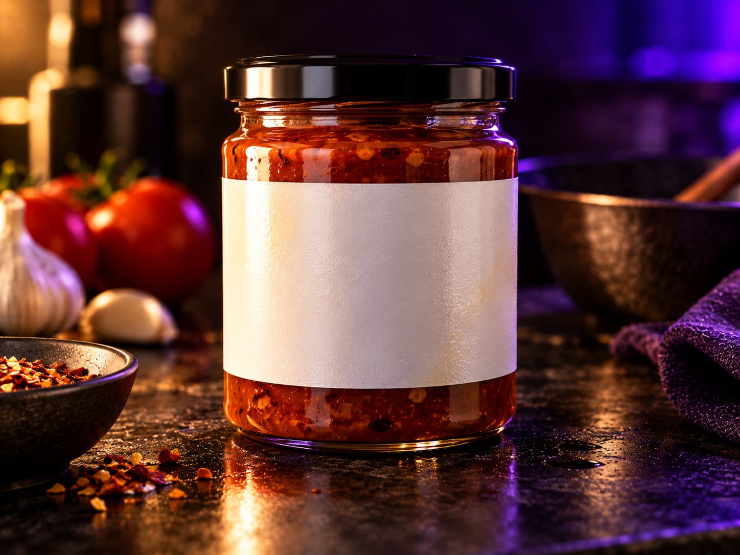 A jar of red sauce with a blank white label on a dark kitchen counter, chili flakes and a cloth beside it