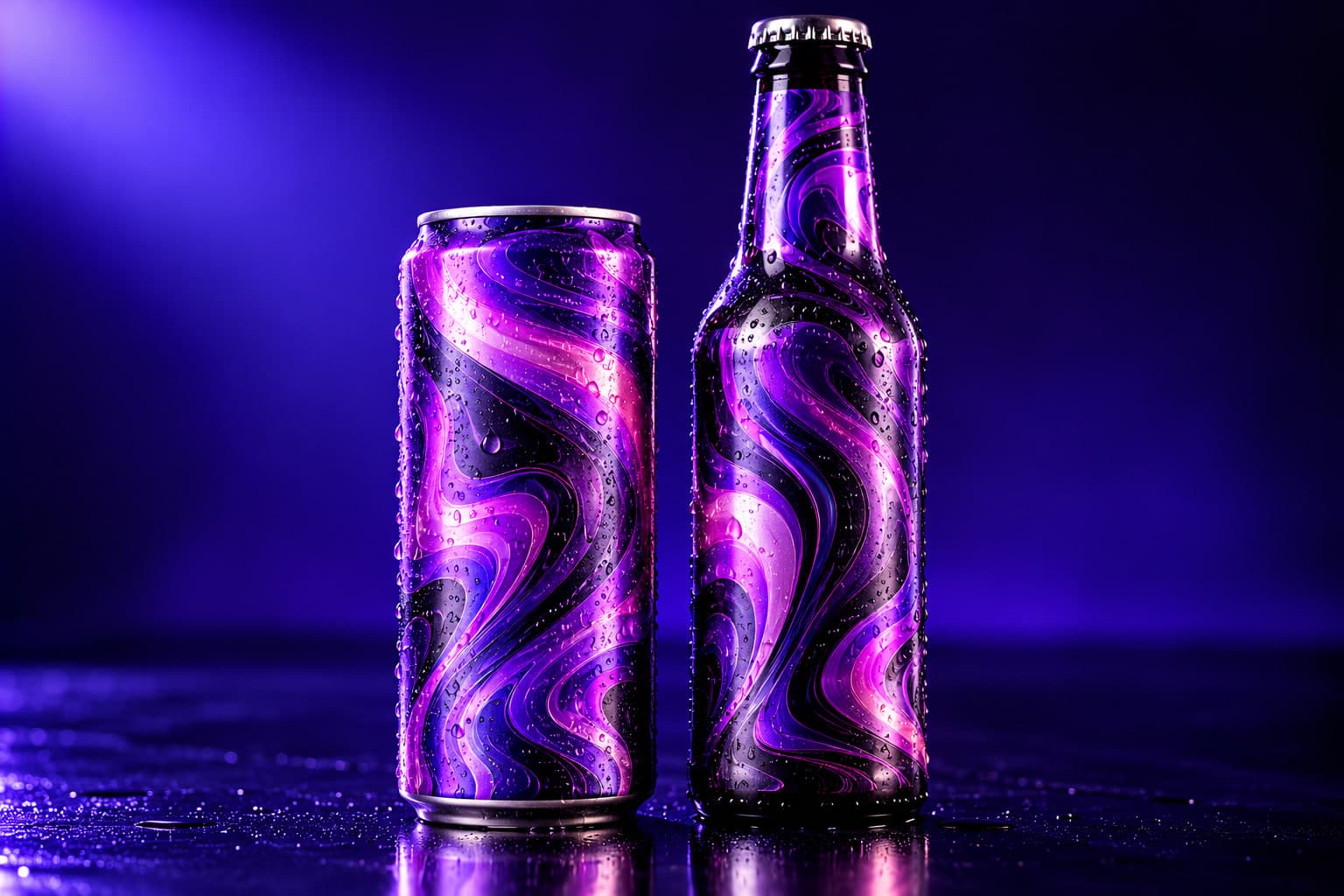 A slim can and a glass bottle side by side, each wrapped in a full-body violet marble shrink sleeve and beaded with condensation