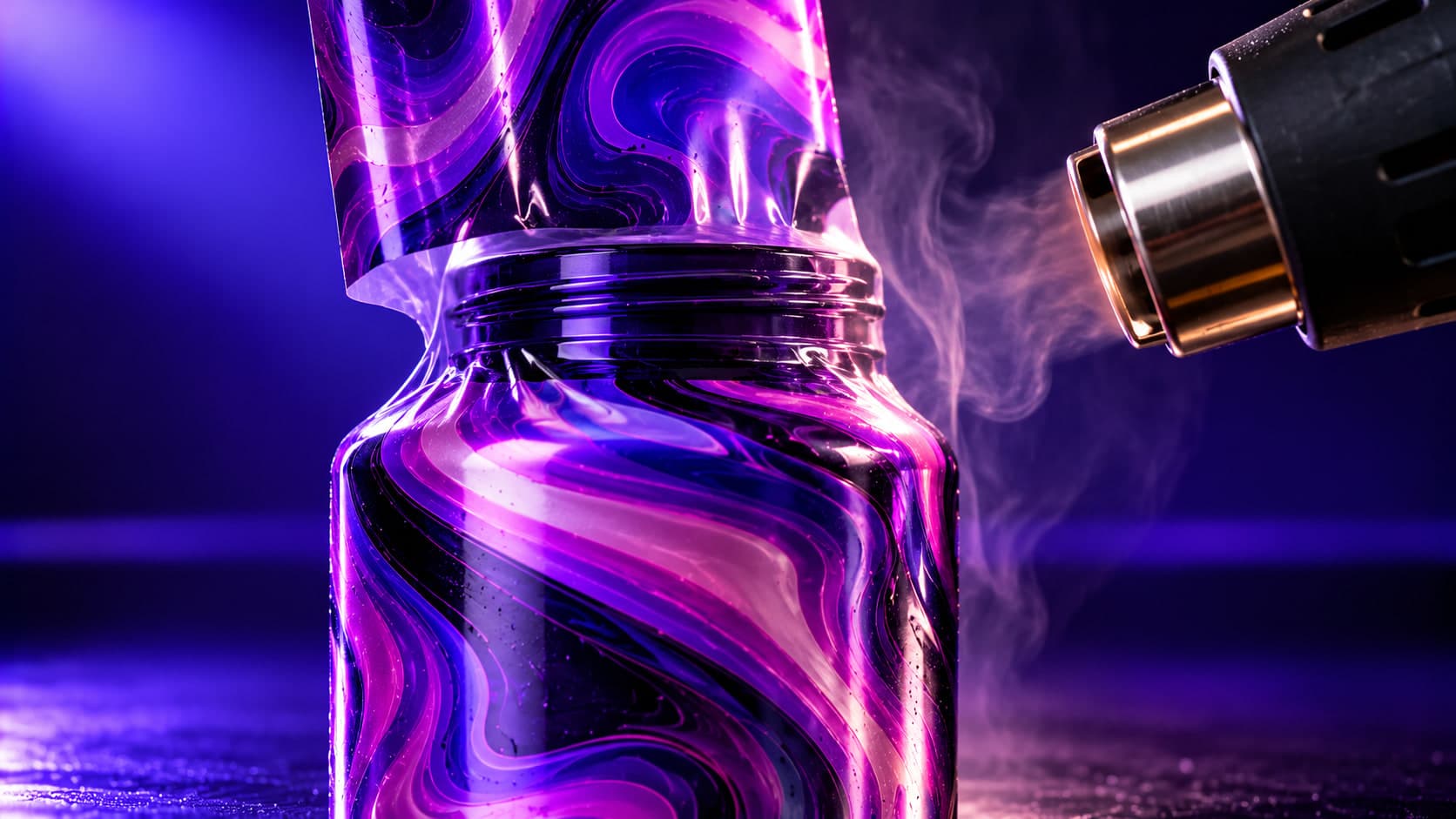 Macro of a violet marble shrink sleeve tightening over the shoulder of a jar under heat