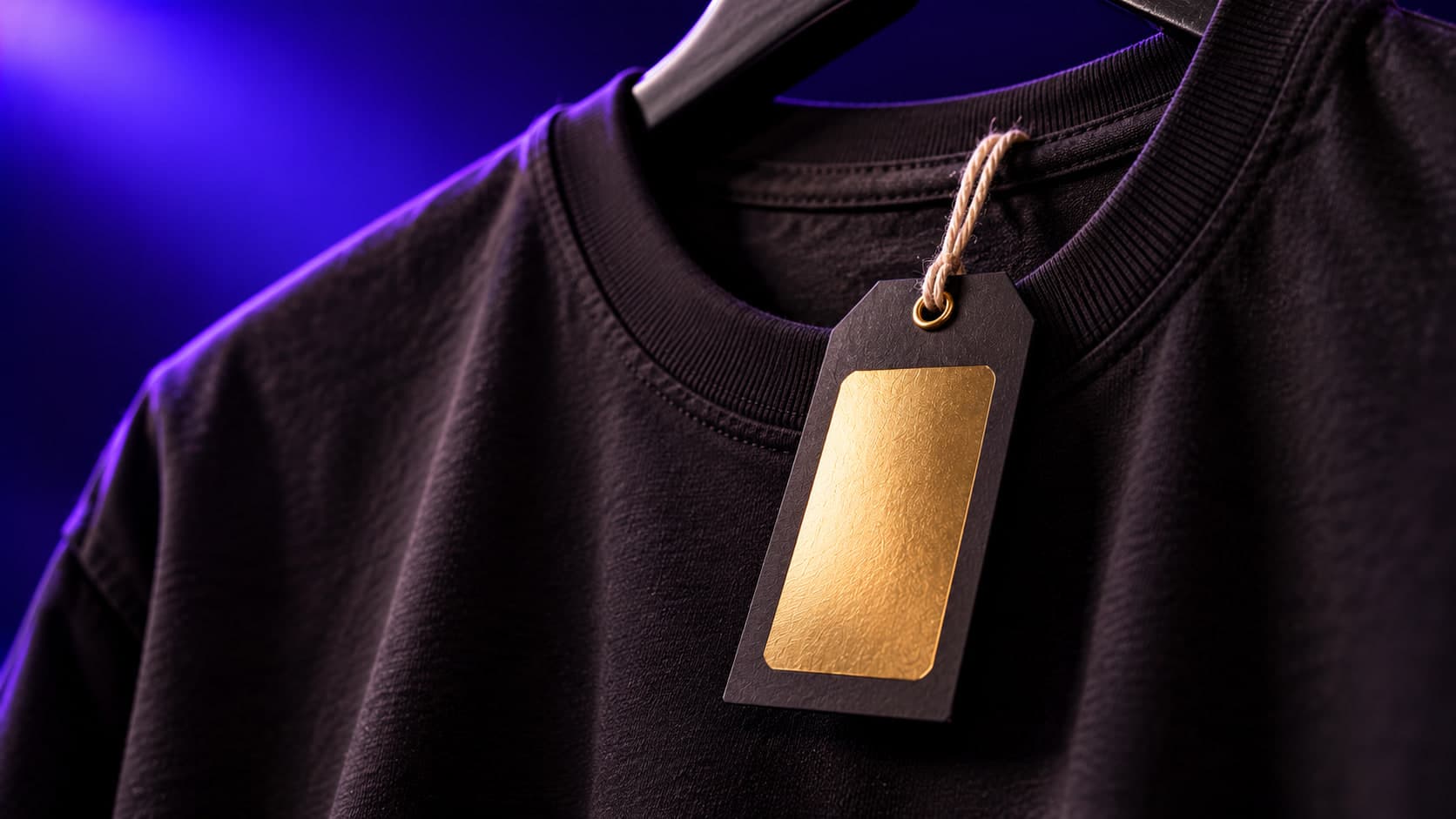 A black hang tag with a gold foil panel hanging from a garment collar