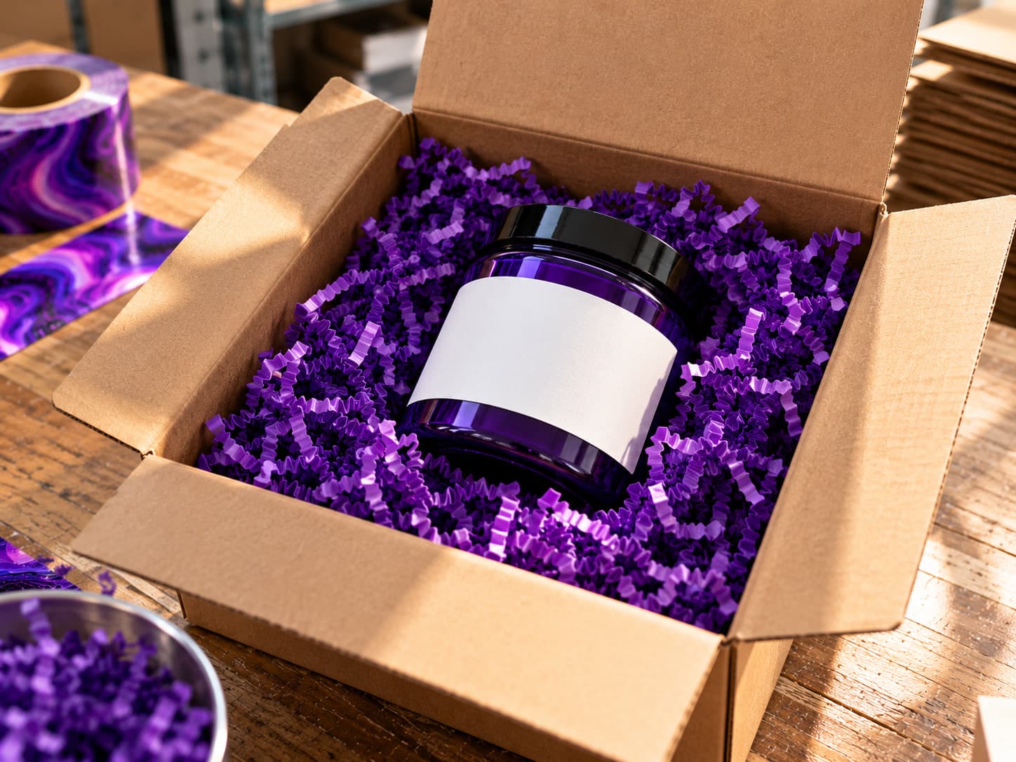 A kraft box open with violet crinkle fill packed around a jar
