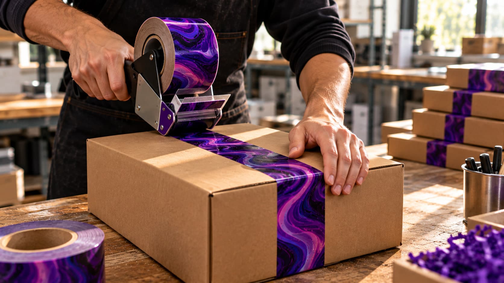 Hands pulling printed water-activated tape across a kraft shipping box at the workbench
