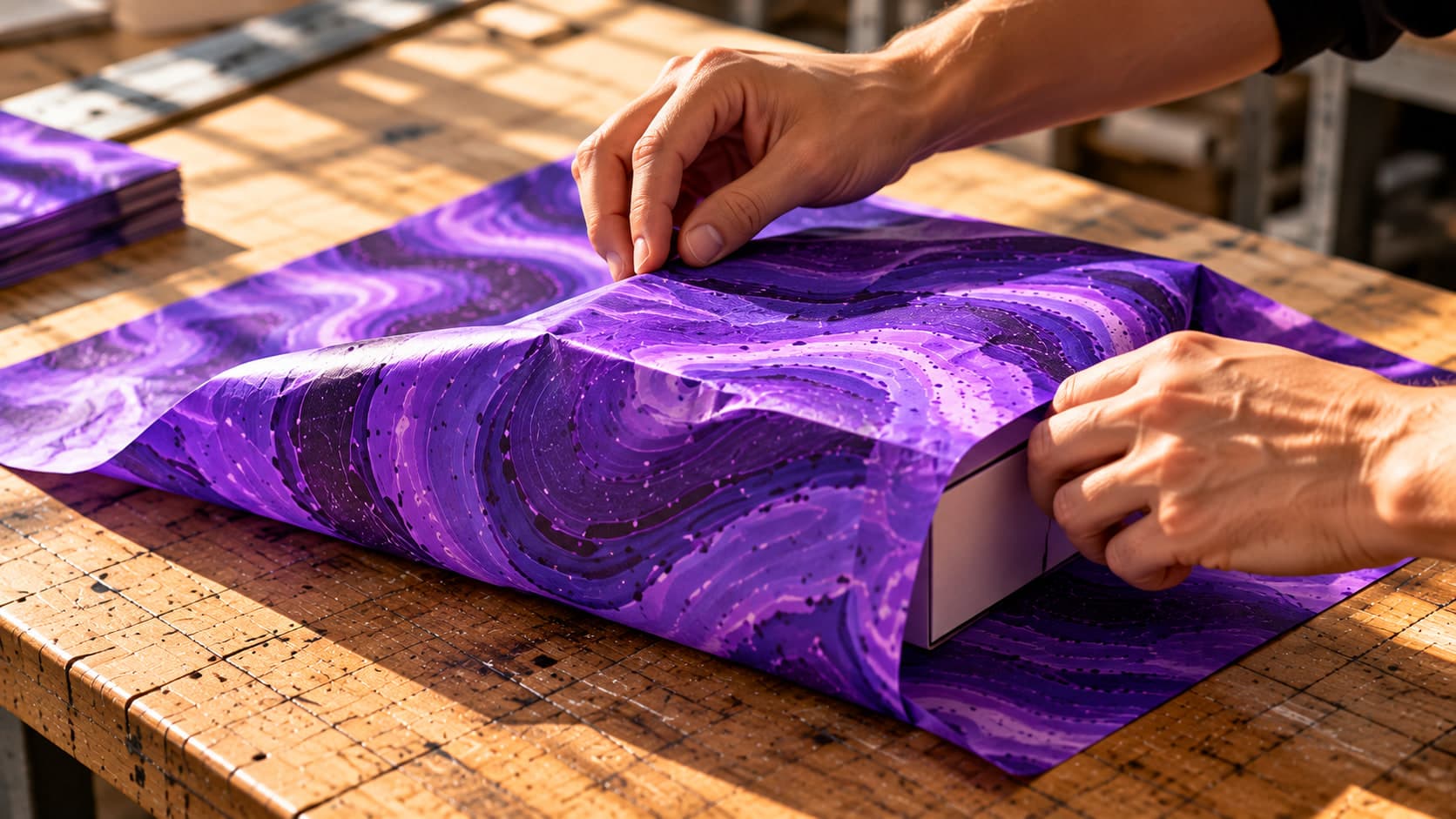 Hands folding a sheet of violet marble-patterned tissue over a white box at a sunlit workbench