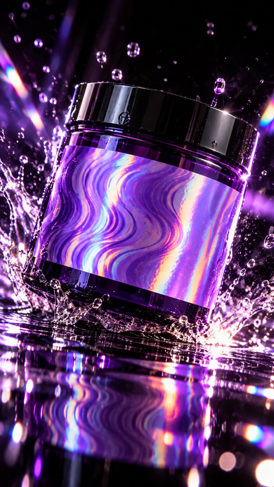 A purple jar with a holographic wave label landing in a splash of water on a black reflective surface