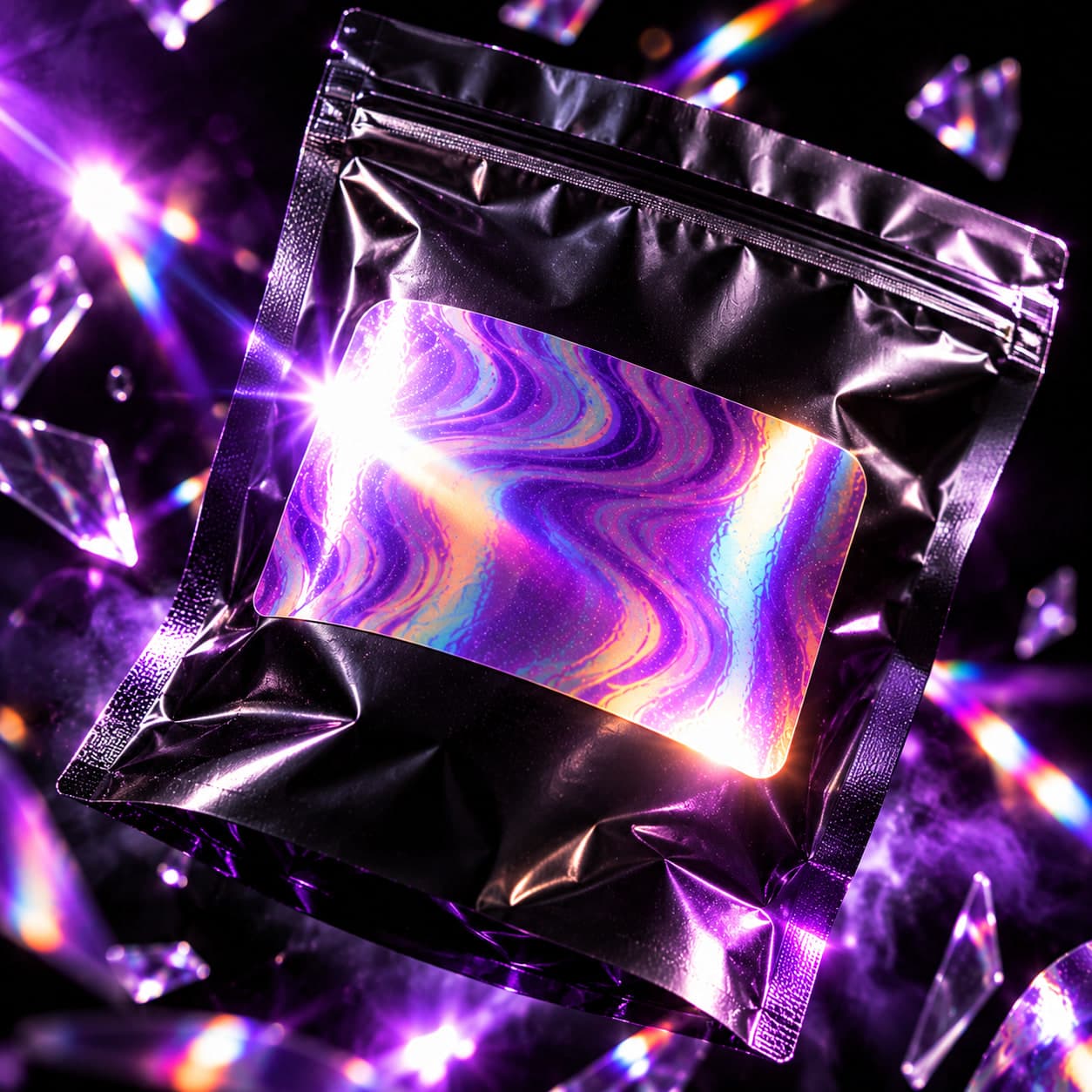 A black stand-up pouch with a holographic violet label, lit by a flash against scattered crystal shards