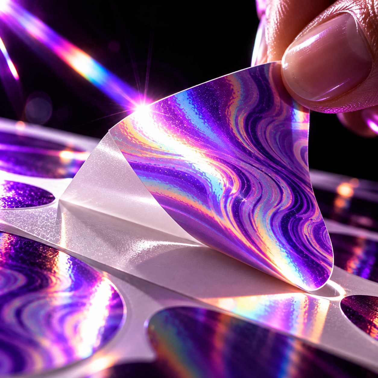 Macro view of a holographic wave sticker peeling from its backing