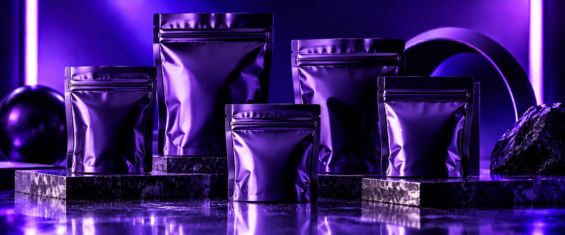 Five matte violet stand-up pouches in ascending sizes on stone plinths
