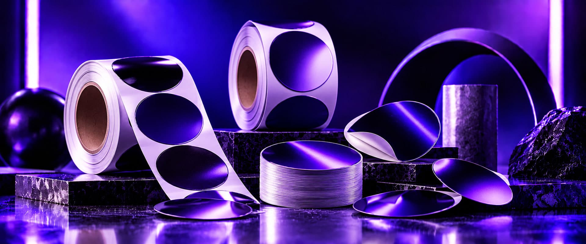 Two rolls of violet circle labels and a stack of loose labels on stone plinths under violet light