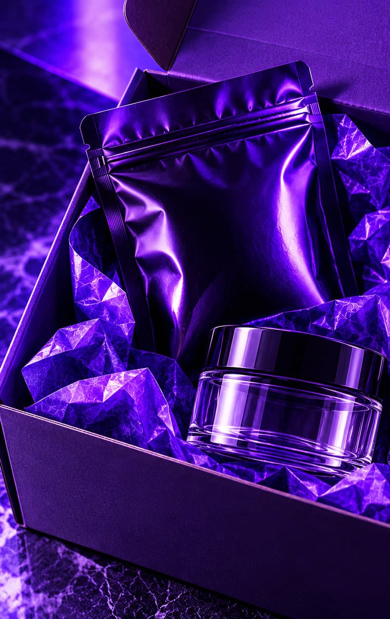 A matte violet mailer box opened to show a pouch and jar nested in purple tissue