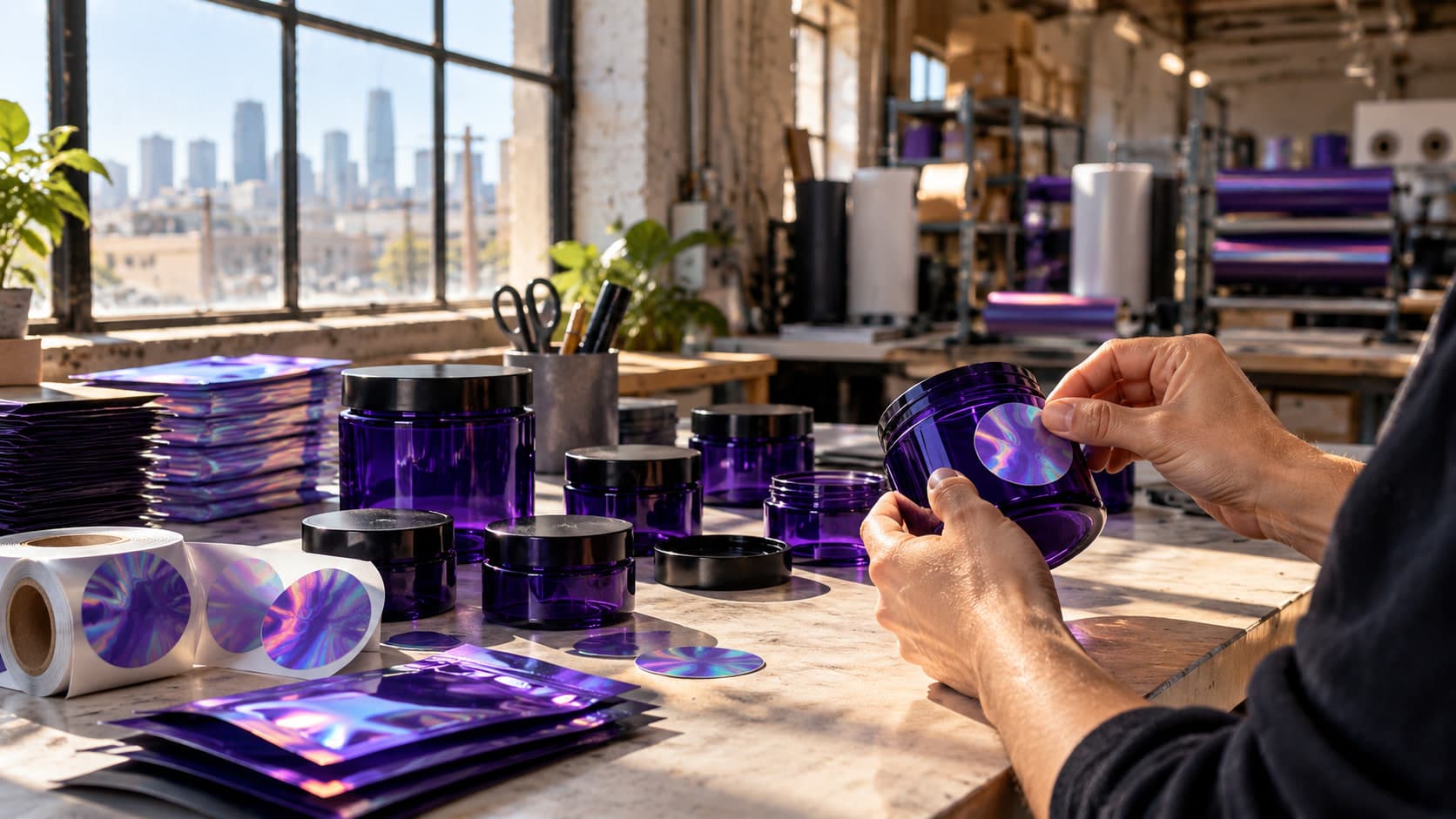 A roll of holographic circle labels beside jars at a sunlit workbench