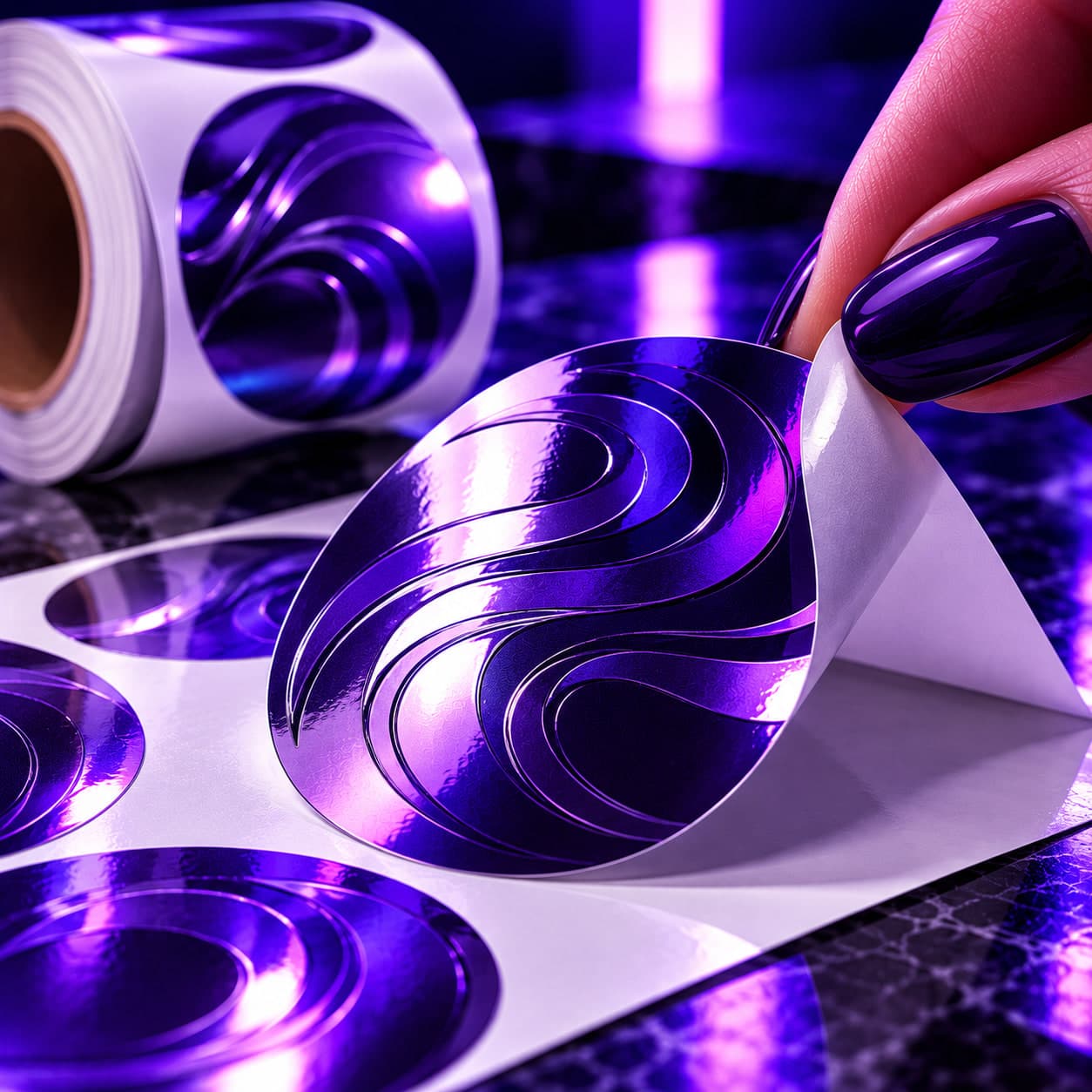 A gloss violet circle label peeling from a roll