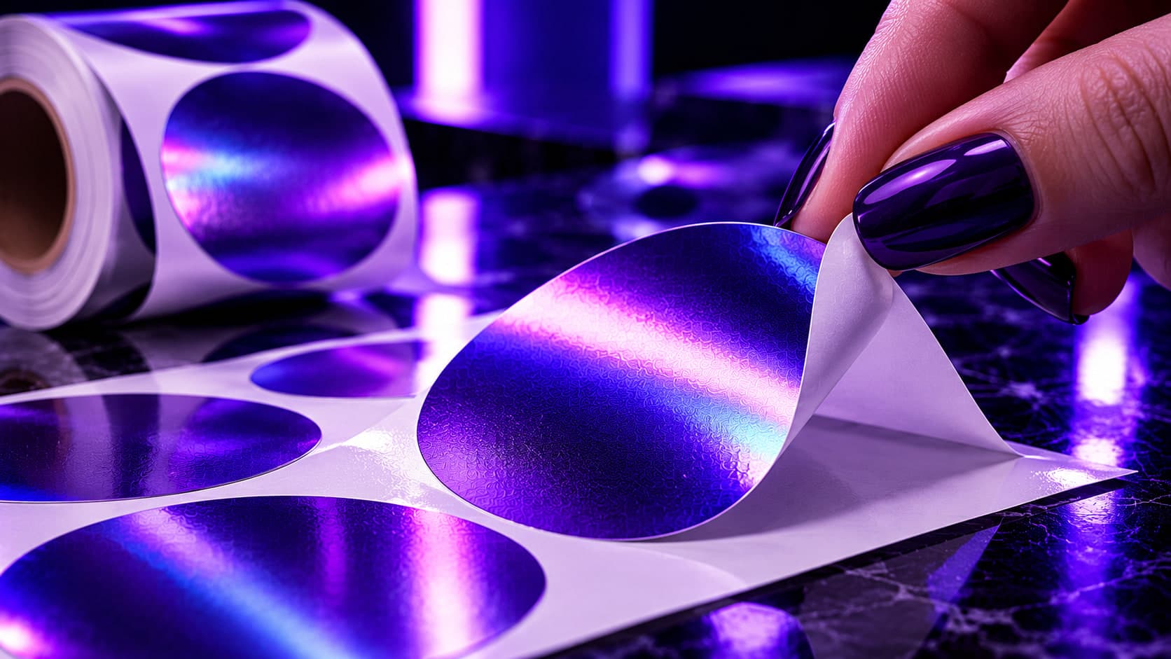 A fingertip peeling a holographic circle sticker from its backing on a roll