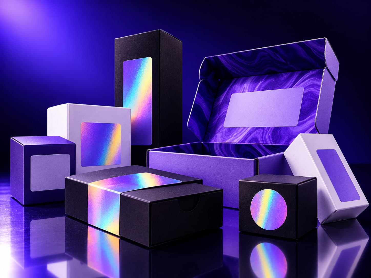 Black, white, and violet folding cartons and an open mailer box with holographic labels