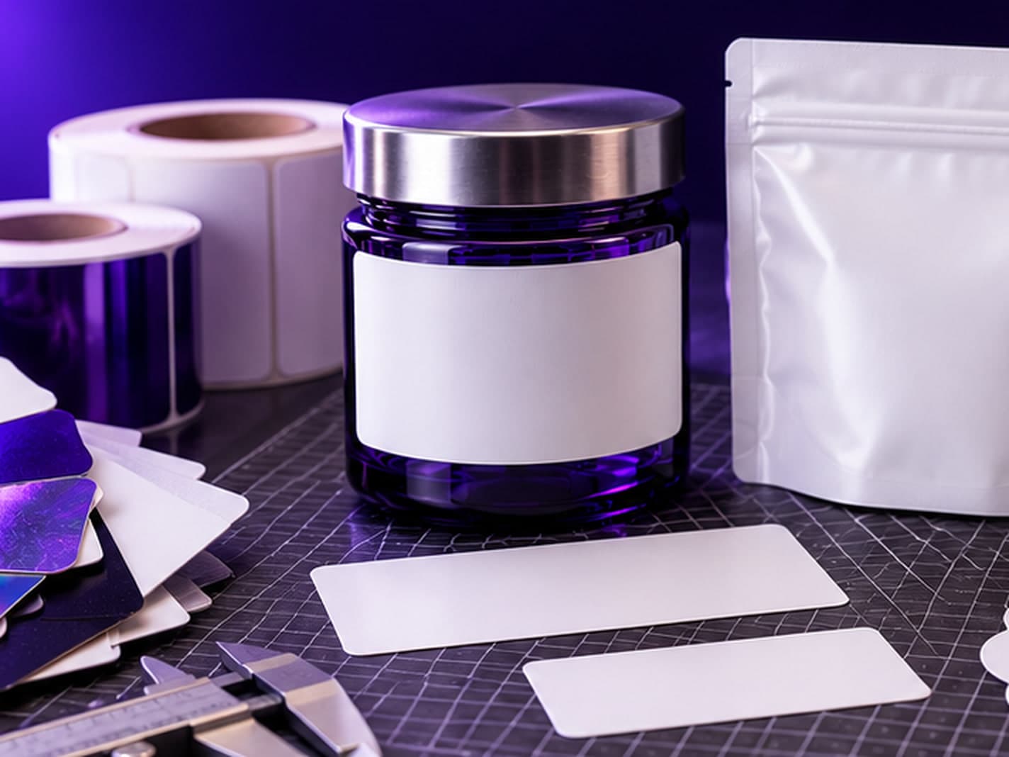 A design workbench: blank labels and rolls, a purple jar with a blank label, a white stand-up pouch, paper swatches, and calipers on a cutting mat