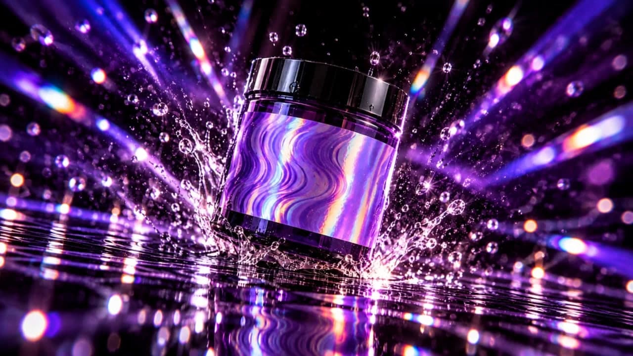A purple jar with a holographic wave label landing in a splash of water under strobing violet light, framed wide